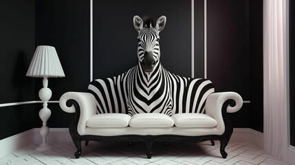 AI generated illustration of a modern living room interior with a unique black and white zebra sofa