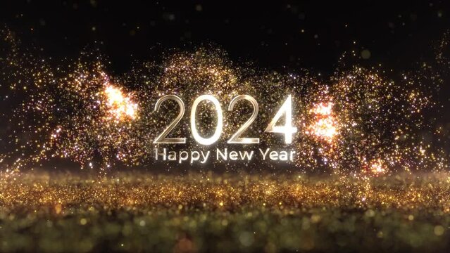 Happy new year 2024 greeting with golden confetti and particles, holiday, new 2024