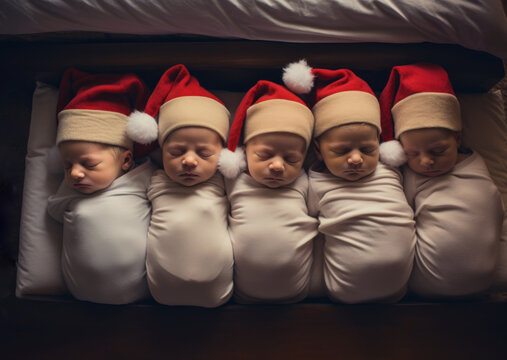 AI generative images. Group of the adorable newborn babies wearing Santa hat and sleeping together wrapped into the baby blanket