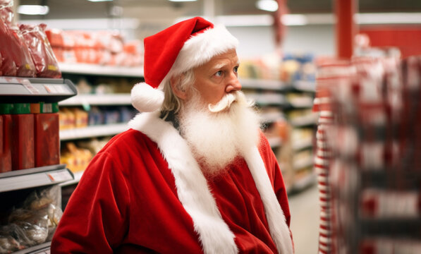 AI generative images. Santa Claus in supermarket at Christmas eve