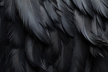Close up image of a textured black surface featuring dark feathers
