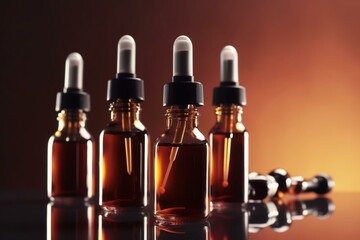 Amber serum bottles with pipette on clear background, skincare concept. Generative AI