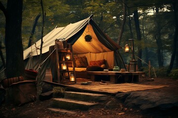 An explorer's arrangement: a small tent nestled in a peaceful outdoor environment. Generative AI