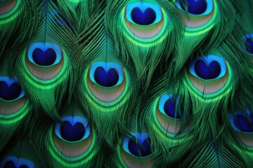 Close up details of a Green Peacock Bird s Feathers create a vibrant Green and Blue Background with exotic velvet