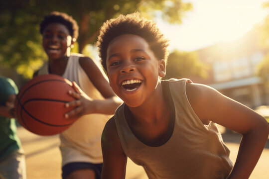 AI generative image of carefree African American kids playing basketball against blurred park at sunset