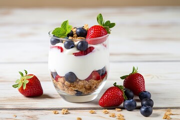 Close up of rustic style white wooden table with healthy homemade yogurt fresh strawberries and blueberries and muesli