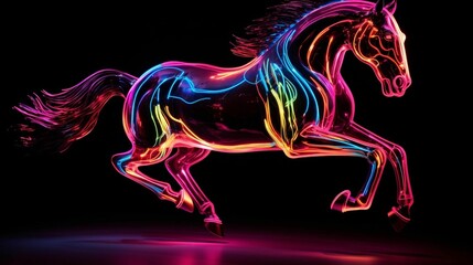 AI generated illustration of a neon colored horse galloping against a dark background