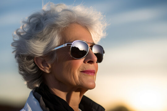 AI generated image of beautiful elegant trendy elderly senior woman wearing sunglasses against the sunset sky