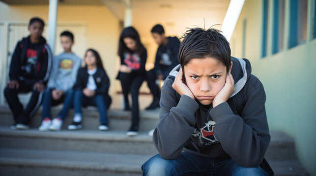 A Boy Sat Sadly On The Steps Of His School