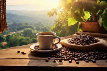 Coffee on wooden table with sack full of beans and plants and coffee fields in background with sun rays Front view Horizontal composition - obrazy, fototapety, plakaty