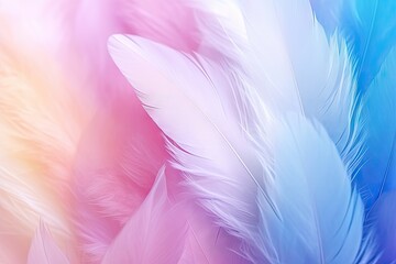 Colorful patchwork background with a white feather in misty pastel colors