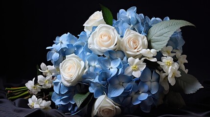 A stunning bouquet featuring a combination of blue hydrangeas and white roses. Flowers, floral beauty, bouquet, blue and white, elegance, special occasion, gift. Generated by AI.