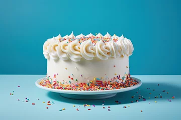Fotobehang Colorful sprinkles cover a white birthday cake on a blue background © VolumeThings