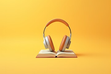 Concept of audiobooks using headphones and a book in an audio library - obrazy, fototapety, plakaty