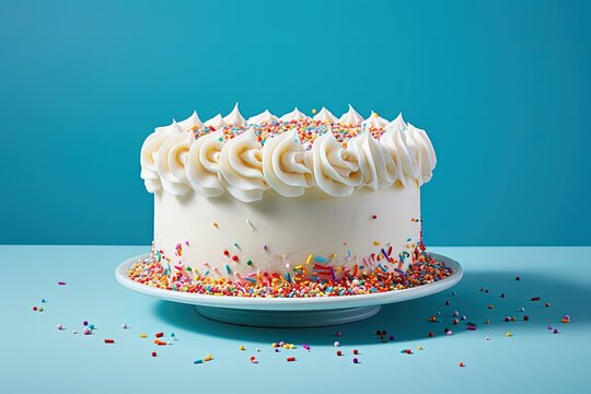 Colorful sprinkles cover a white birthday cake on a blue background