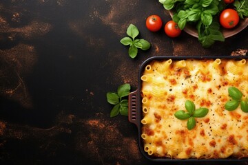 Copy space for text pasta and cheese casserole - obrazy, fototapety, plakaty