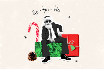Creative abstract template collage of cool santa claus gifts christmas new year greeting card template holiday x-mas congratulation