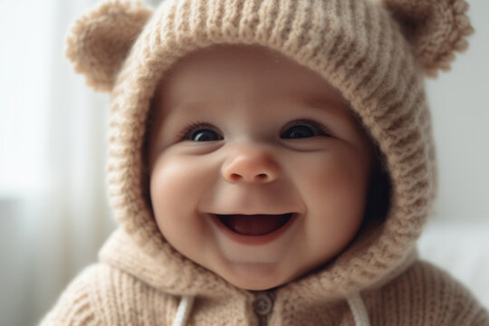 Smiling baby in woolen bear hat