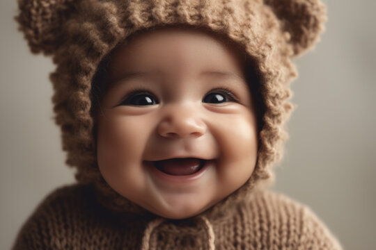 Smiling baby in woolen bear hat