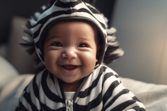 Joyful baby boy in zebra print hooded outfit