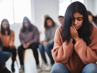depressed woman at support group meeting