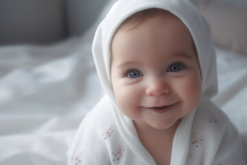 Laughing infant girl wrapped in white
