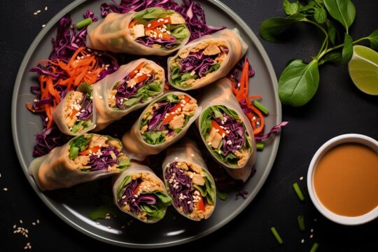 Above view of vegan spring rolls with quinoa sprouts Thai peanut sauce flat lay