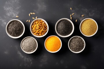 Assorted seeds in bowls on a gray background empty space available - obrazy, fototapety, plakaty