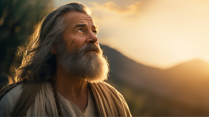    noah god, theme bible stiry , need clear face, portrait of a woman in sunset