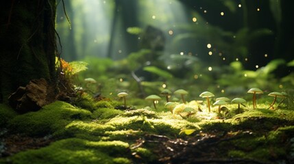 A forest floor covered in a carpet of moss, with tiny mushrooms peeking through the soft, velvety surface. Shafts of dappled sunlight filter through the canopy, creating a play of light and shadow.