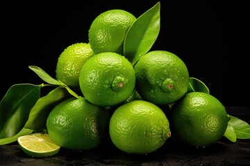 Background with fresh limes intact peel and leaves