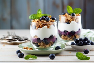 Blueberry parfaits made with fresh fruit Greek yogurt granola and mint leaves served on a rustic white table with a glass jar in focus and a blurred backgr