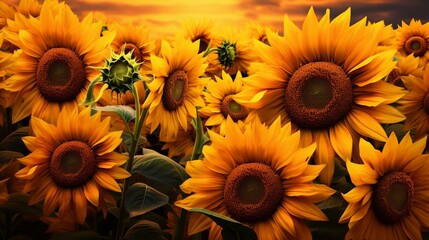 A patch of sunflowers in a golden field, their cheerful faces turned towards the sun. The flowers are detailed down to the individual seeds in their centers. - obrazy, fototapety, plakaty