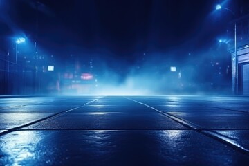 Dimly lit street shimmering water mirroring rays Abstract blue backdrop smoke smog Desolate setting neon glow spotlights Solid concrete ground - obrazy, fototapety, plakaty