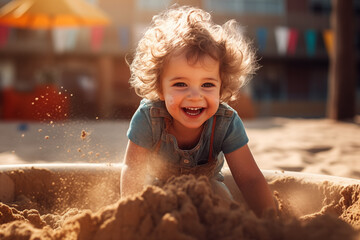 Kind spielt im Sandkasten auf dem Spielplatz - obrazy, fototapety, plakaty