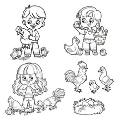 Cute cartoon boy holding a hen in hands and girl with chicken in hand surrounded by chickens outlined variation for coloring page