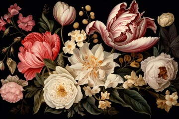 Floral illustration in baroque style featuring vintage peonies tulips lilies and hydrangeas on a black background - obrazy, fototapety, plakaty