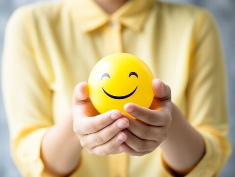 a person hand holding a happy smile ball
