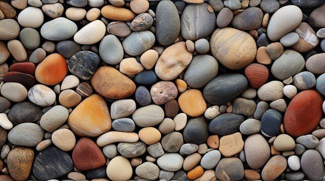 A bed of river stones, each stone smoothed by years of water erosion. The stones vary in color and texture, creating a harmonious yet diverse composition.