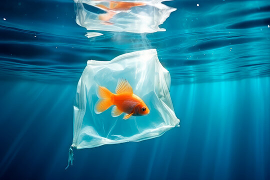 Generative AI illustration of wild orange fish in transparent plastic bag swimming underwater representing concept of environmental pollution
