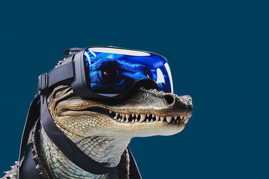 Generative AI illustration of side view of cool crocodile in transparent blue virtual reality glasses looking away against blue background