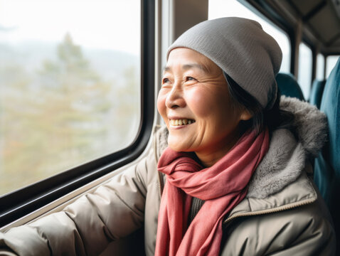 The old woman sat on the train looking out of the window