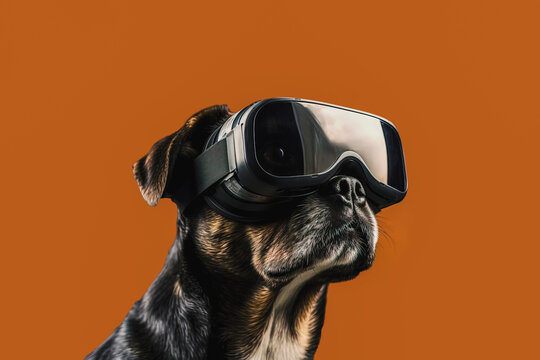 Generative AI illustration of portrait of cool dog in black virtual reality glasses on orange background