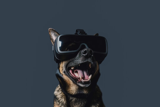 Generative AI illustration of portrait of cool dog in black virtual reality glasses with opened mouth on blue background