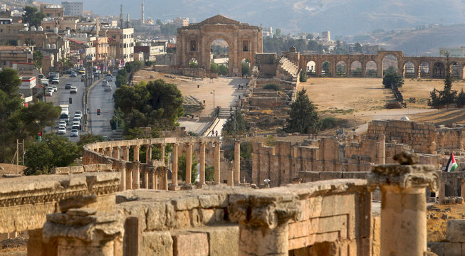 Various monuments in the ancient city of Jerash, which is located in northern Jordan and is considered one of the ten important cities of the Decapolis among the cities of the Roman state, and in vari