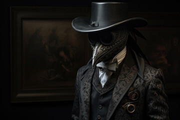 Man dressed as a plague doctor with a black hat and mask