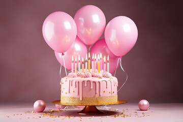 Golden candles and balloons on a pink birthday cake