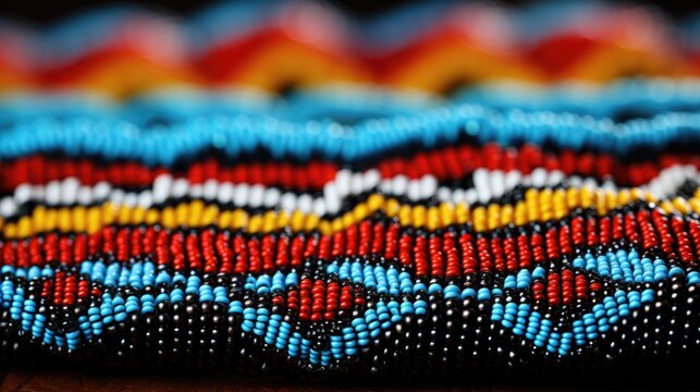 Close-up of intricate Native American beadwork background with empty space for text 