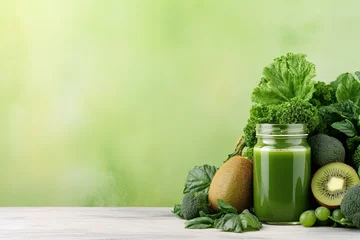 Fotobehang Green health smoothie in glass jar mugs with fresh fruits and vegetables Raw vegan alkaline food concept Banner © VolumeThings