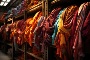 Fototapeta na wymiar Bright colored female scarfs in an accessories store
